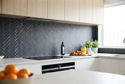 Basalt tile in a herringbone kitchen splashback (illustration)