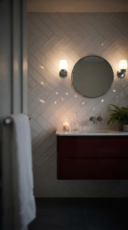 Fresco Selenite gloss white tile in herringbone on a bathroom wall (illustration)