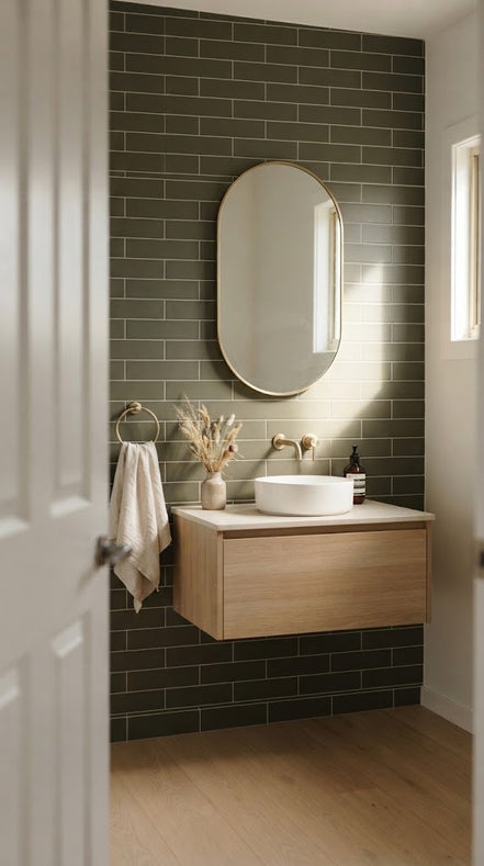 Olivine tile in a powder room (illustration)