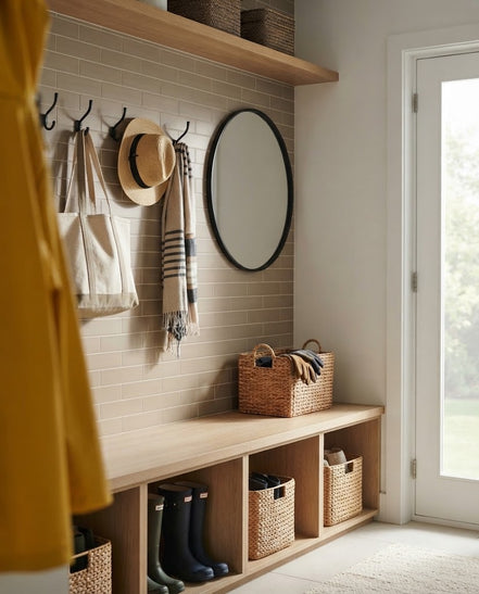 Hessian tile in a mudroom (illustration)